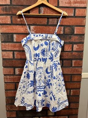 Blue & White Printed Spaghetti-Strap Kids Dress